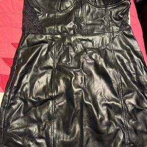 Black Faux Leather Dress with Lace Accents